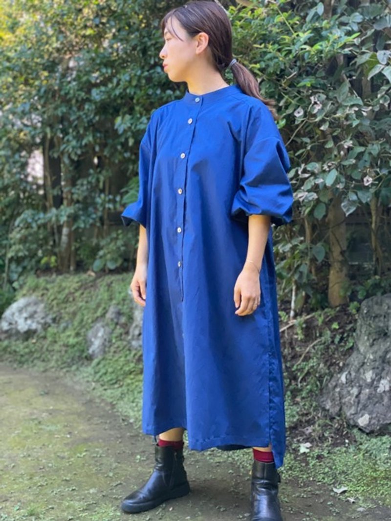 Band collar shirt dress (blue) - ชุดเดรส - ผ้าฝ้าย/ผ้าลินิน 