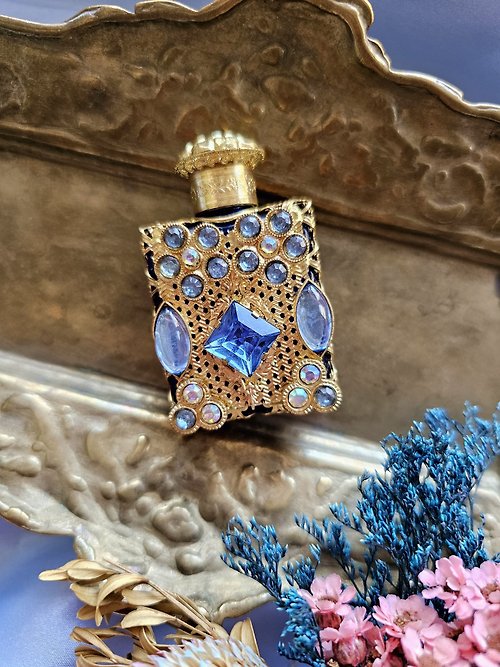 Hale黑爾典藏西洋古董 捷克工藝菱格玻璃金絲掐紋藍色系萊茵香水瓶/美國西洋古董飾品