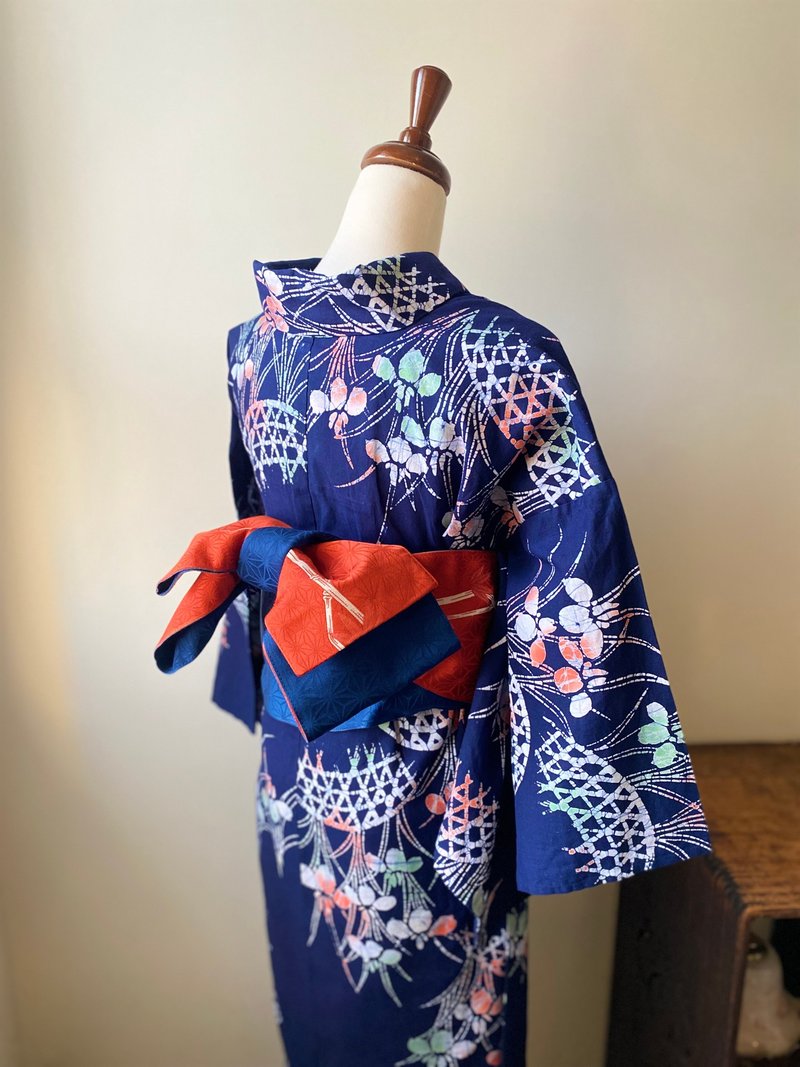 Indigo dyed iris flower fence vintage yukata - One Piece Dresses - Cotton & Hemp Blue