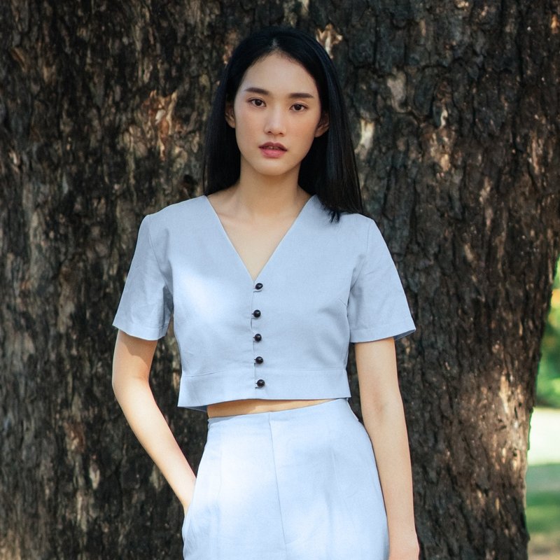 (SIZE M) BLUE COTTON LINEN BUTTON FRONT CROP TOP - เสื้อผู้หญิง - ผ้าฝ้าย/ผ้าลินิน สีน้ำเงิน