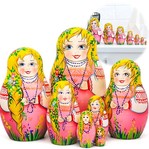 布列斯特纪念品厂 - 套娃 Girl Nesting Dolls Set 7 pcs - Folk Art Matryoshka Dolls in Traditional Costume