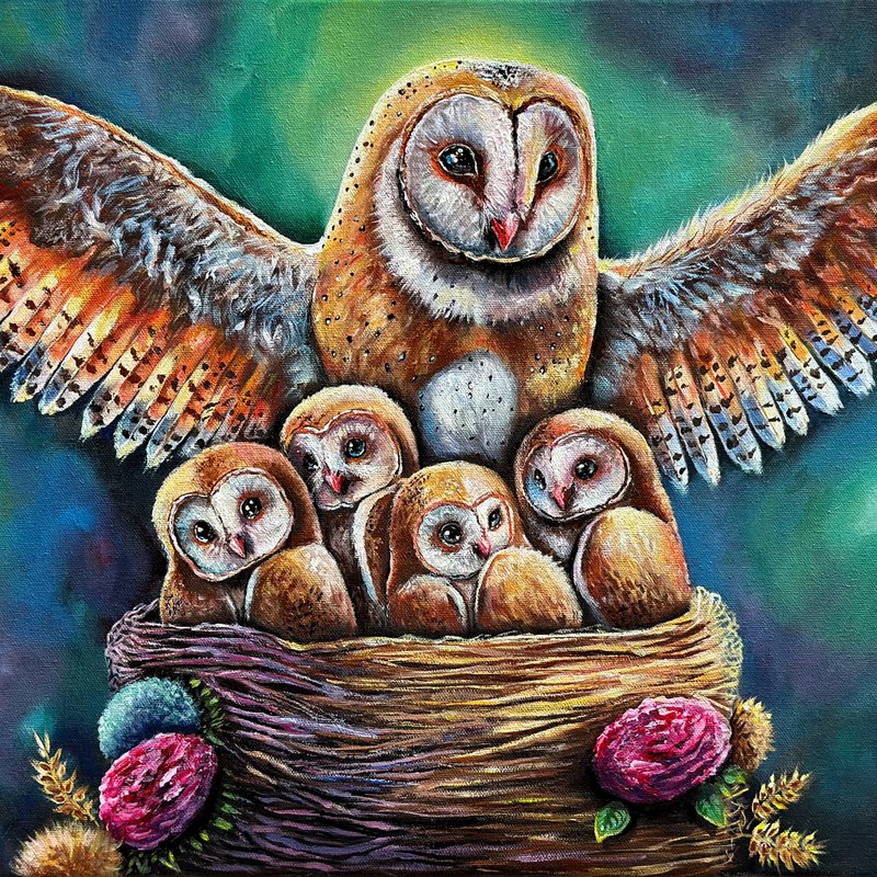 Barn Owl original painting on canvas, Owl Wall decor, Bird wall art, Forest art - 壁貼/牆壁裝飾 - 棉．麻 多色