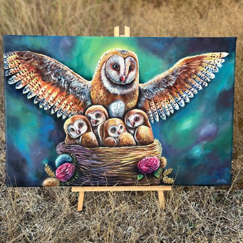 メンフクロウのキャンバスオリジナル絵画、フクロウの壁飾り、鳥の壁