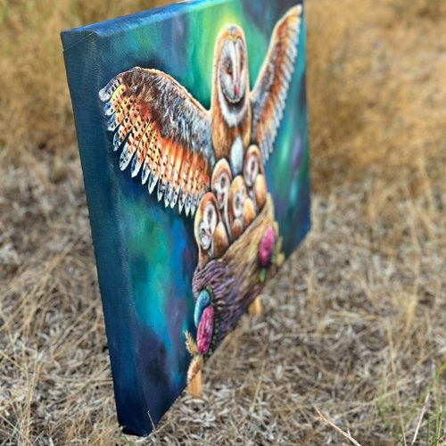 メンフクロウのキャンバスオリジナル絵画、フクロウの壁飾り、鳥の壁