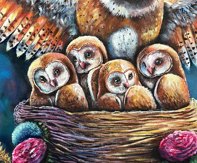 メンフクロウのキャンバスオリジナル絵画、フクロウの壁飾り、鳥の壁