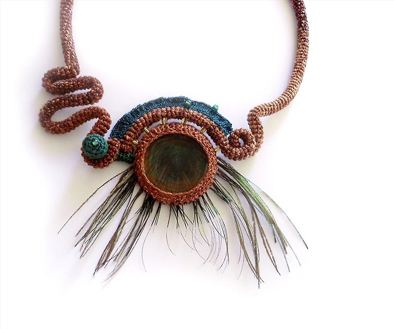 Crochet Tube Exotic Necklace Peacock Feather Unique Design - Necklaces - Thread Brown