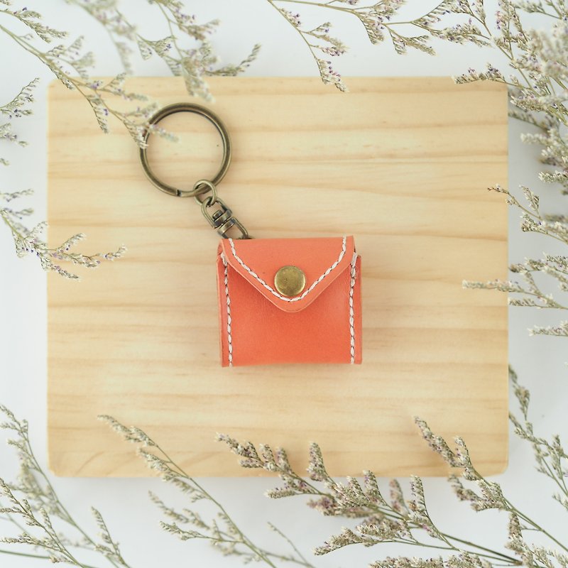 Mini Chubby Key Ring Orange Small Coin Purse Envelope Shaped Necklace - Keychains - Genuine Leather Orange
