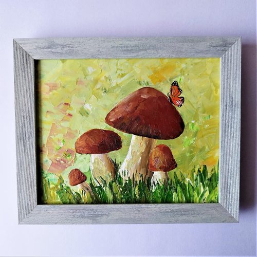 Artpainting 蘑菇和蝴蝶原畫。蘑菇和蝴蝶的風景是一件藝術品。牆面裝飾