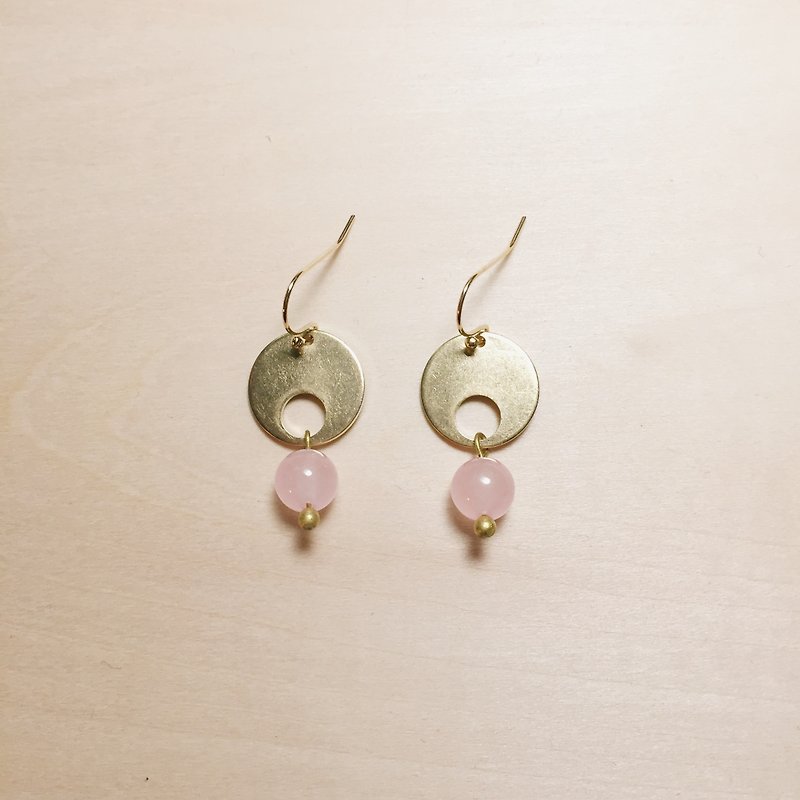 復古粉紅玉石鏤空圓片耳環 - 耳環/耳夾 - 玉石 粉紅色