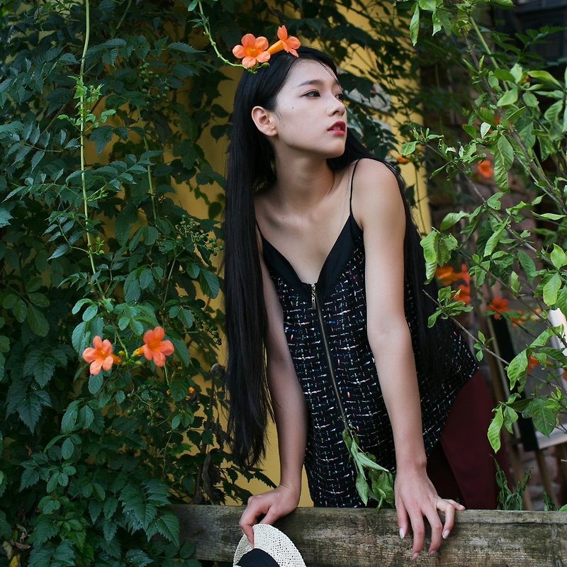 Anne Chen original design flower design bridesmaid 2016 summer new literary female models chest zipper suspenders - Women's Tops - Cotton & Hemp Black