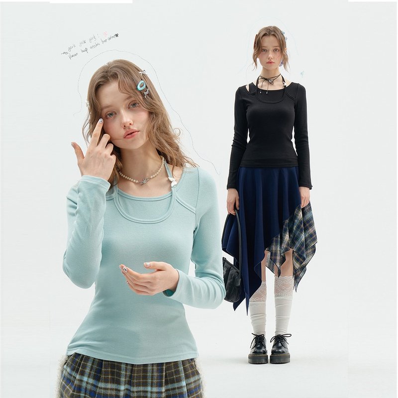 ziziFei秋冬美式復古設計感假兩件拼接掛脖修身顯瘦針織打底衫女 - 女上衣/長袖上衣 - 其他材質 
