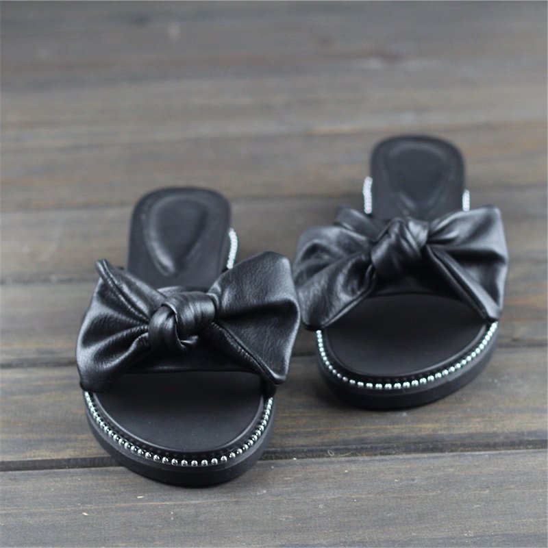 Cowhide bow thick-bottomed flip flops - Slippers - Genuine Leather Black