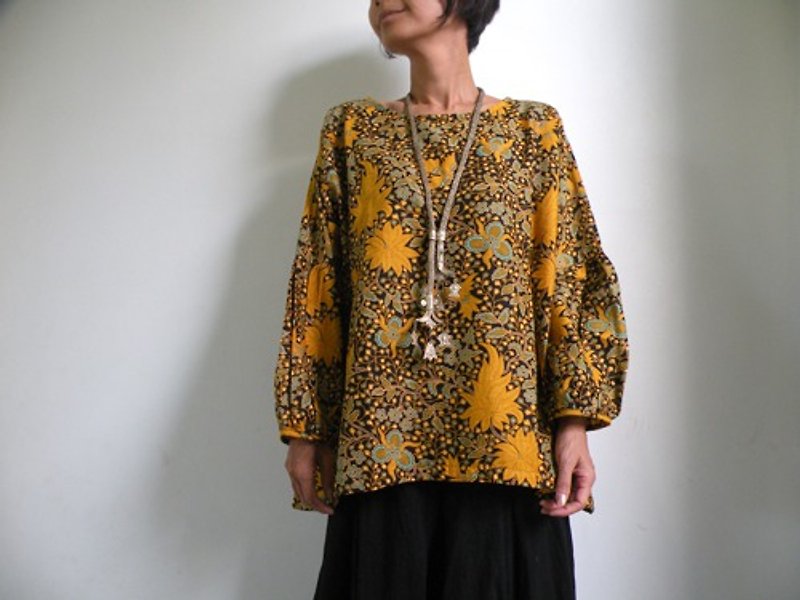 Fluffy tunic blouse with bird and forest pattern / yellow - Women's Tops - Other Materials Yellow