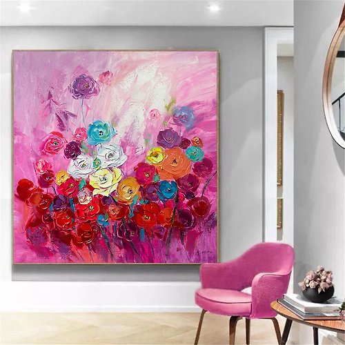 Xingmai 玫瑰 手繪肌理抽象裝飾畫餐廳客廳掛畫現代田園風景畫花卉藝術畫