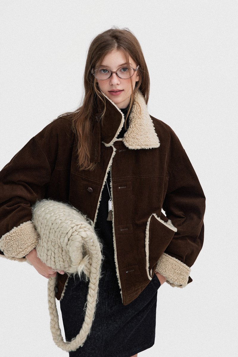 北歐復古 / 翻領羊羔毛棉衣外套 / 夾棉燈芯絨 - 女大衣/外套 - 其他材質 多色