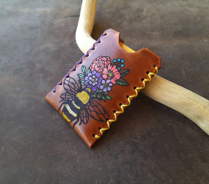 Hand Painted Floral Bee Leather Card Wallet for Women, Gift for Her - 錢包/皮夾/長短夾 - 真皮 咖啡色