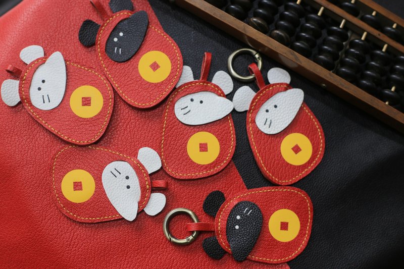 Genuine Leather Series | Original Design, Entirely Hand-Stitched | Lucky Rat | Keychain Charm | - พวงกุญแจ - หนังแท้ สีแดง