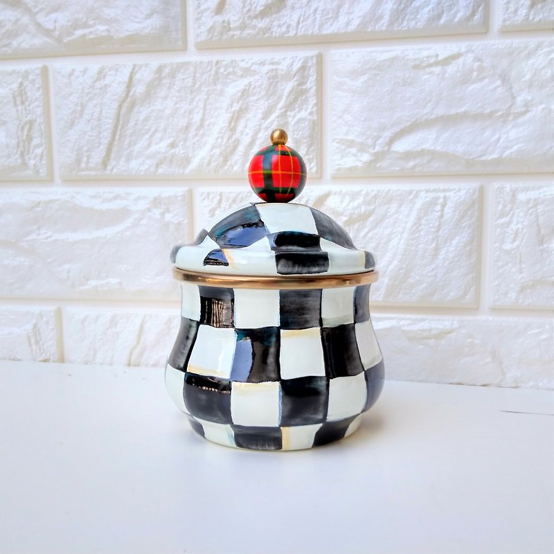 Black and white checkered painted enamel enamel pot - Storage - Enamel Multicolor
