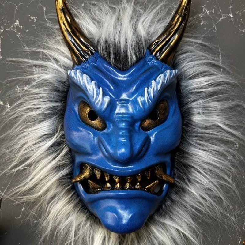 Namahage mask with hair, Japanese Oni mask, Japanese blue demon mask with fur - 口罩/口罩收納套 - 樹脂 藍色