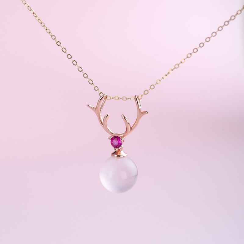 Rose Quartz 925 Sterling Silver Necklace, Antlers Pendant, 14KGF Necklace - Necklaces - Crystal Pink