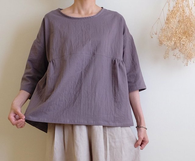 Daily hand-made clothes gray purple six-quarter sleeve wide blouse