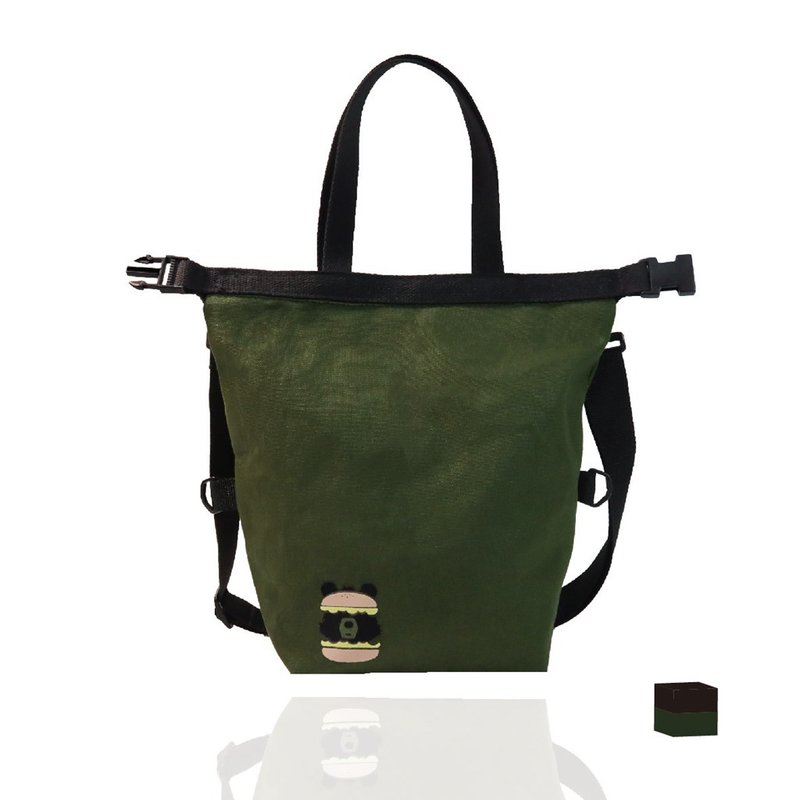 Canvas lunch bag, shopping bag, plush illustration of a black bear hamburger - Messenger Bags & Sling Bags - Cotton & Hemp Green