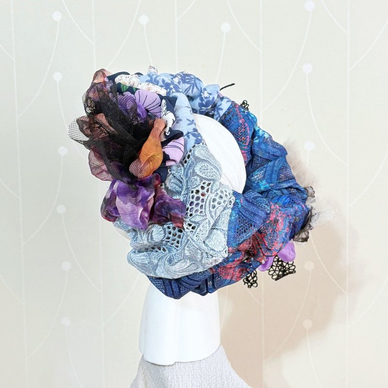 伸縮性ヘアバンド/刺繍レース幅広ニットヘッドバンド、日本製幅広伸縮性ターバン、ネックウォーマー、ヘアアクセサリー、ヘッドピース - ヘアバンド．カチューシャ - その他の素材 ブルー