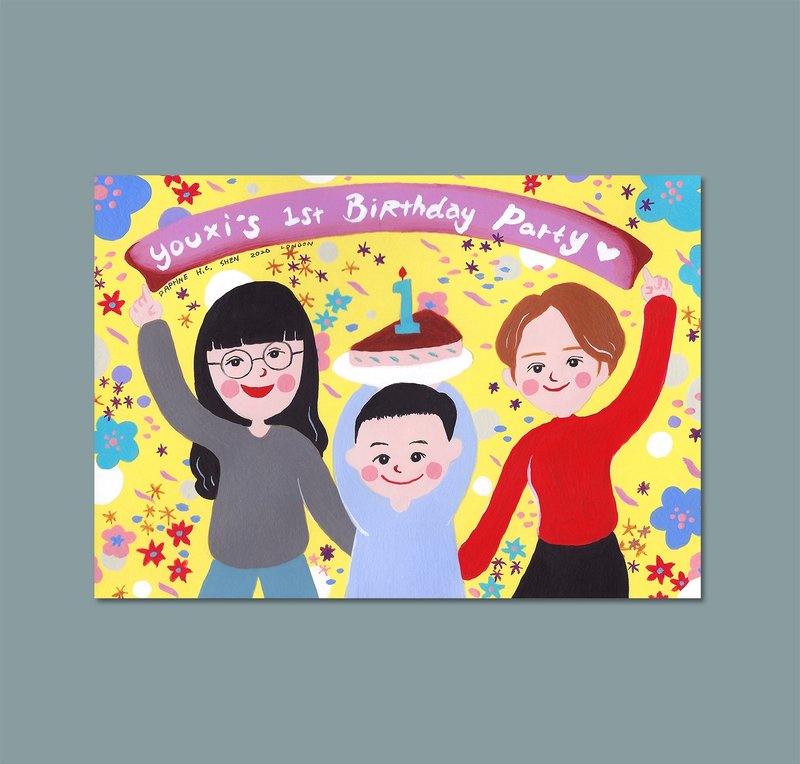 Cute style custom portrait of 3 people (electronic file) family portrait birthday/Christmas/baby/infant - ภาพวาดบุคคล - กระดาษ สีเหลือง