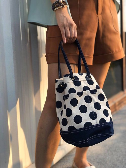 underlinebagsandmore Mini Navy Polka Dot Canvas Bucket Bag with strap /Leather Handles /Daily use