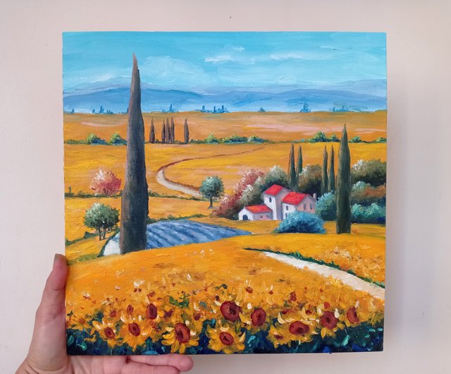 Landscape Painting, Handmade Art, Sunflower, Original Oil Painting