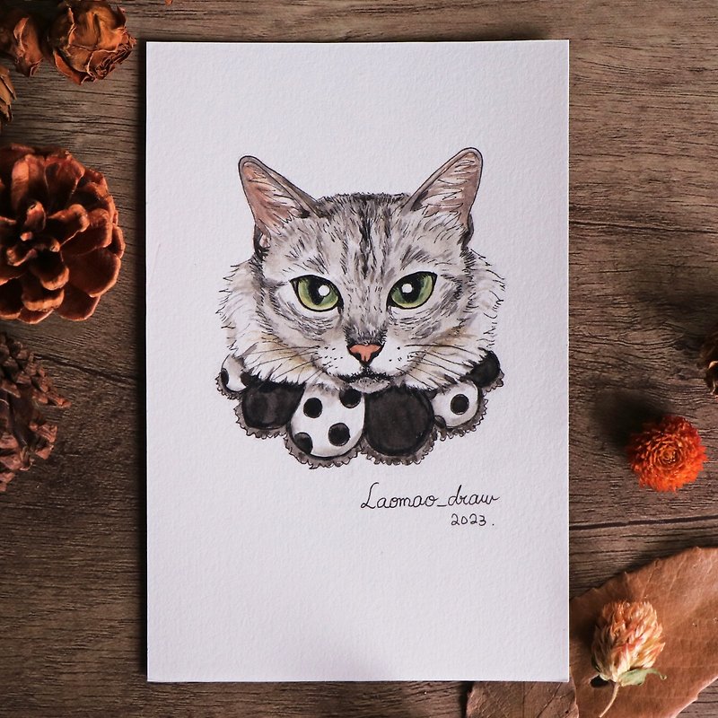 Watercolor illustration original cat head portrait 4X6 6 inches 4008 Silver tabby and clown collar - Posters - Paper 