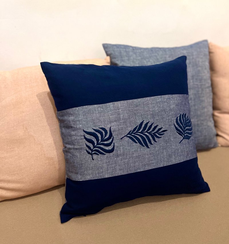 Hand Embroidered Linen Cushion Cover: Palm Breeze - Navy & Chambray Blue - หมอน - ผ้าฝ้าย/ผ้าลินิน สีน้ำเงิน