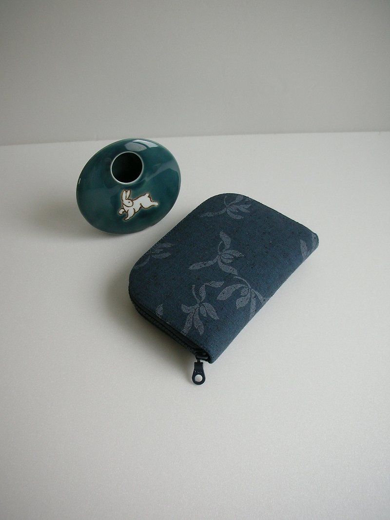 Ancient Kapok Cloth[Autumn Grass]-Short Clip/Wallet/Change Purse/Gift - กระเป๋าสตางค์ - ผ้าฝ้าย/ผ้าลินิน สีน้ำเงิน