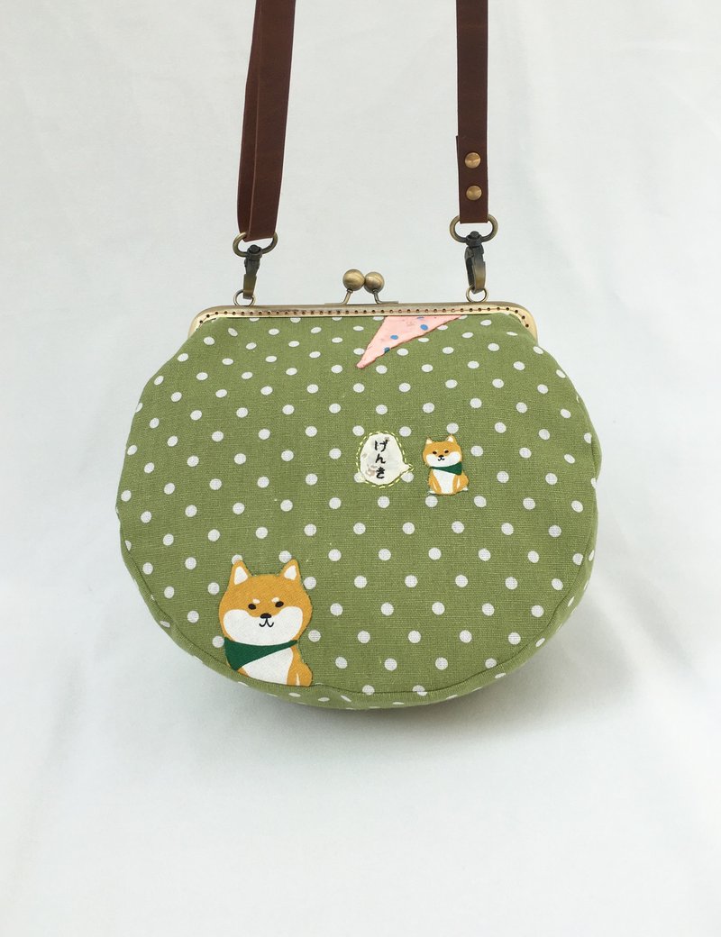 Polka dot Shiba Inu dog shoulder/crossbody bag with zipper Olive green round - Messenger Bags & Sling Bags - Cotton & Hemp Green