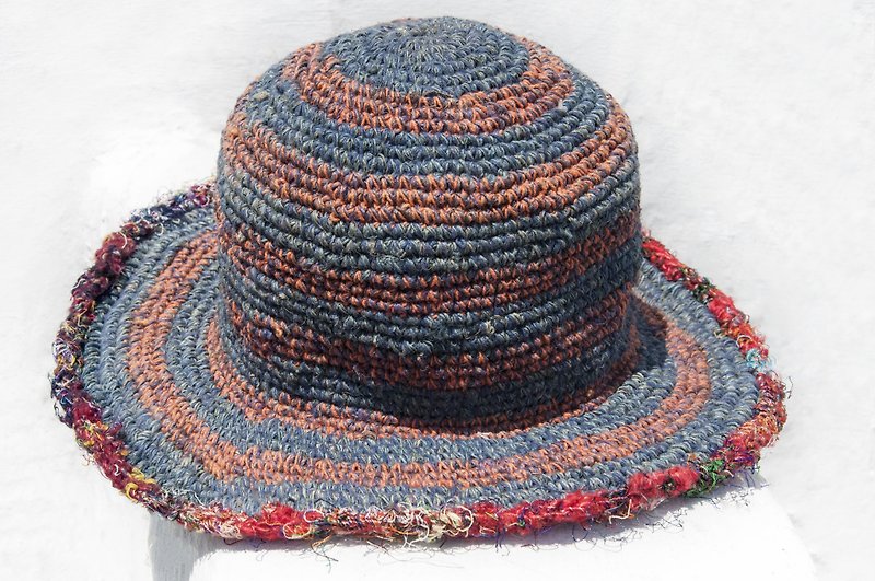 Hand-woven cotton knit cap hat cap Linen straw hat Alpine hat - striped lines Sari - หมวก - ผ้าฝ้าย/ผ้าลินิน หลากหลายสี