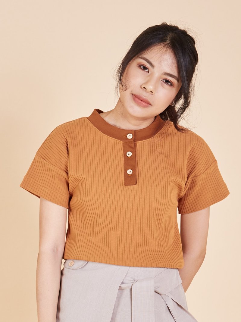 Casual Comfortable Ribbed Shirt Wake Up Top - Clay Orange - 女上衣/長袖上衣 - 其他材質 橘色