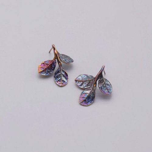 Patinas on sterling silver red flower loropetalum leaf earrings