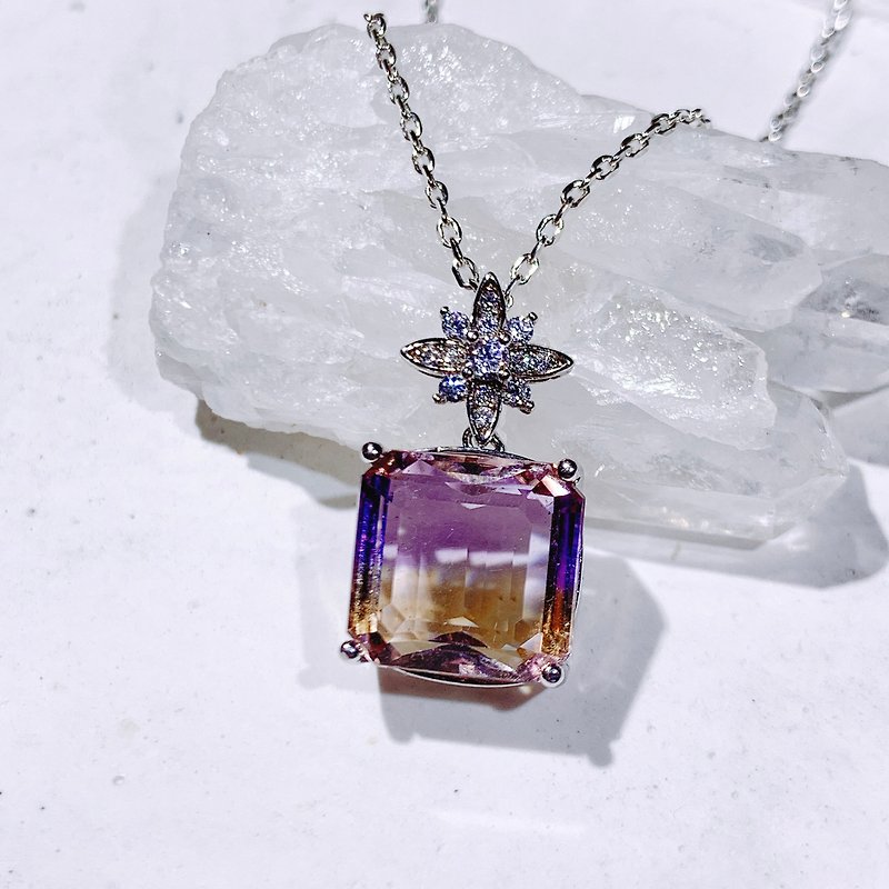 天然紫黃晶 紫黃晶項鍊 方形小花素面款 6.33克拉 925純銀 - 項鍊 - 寶石 多色