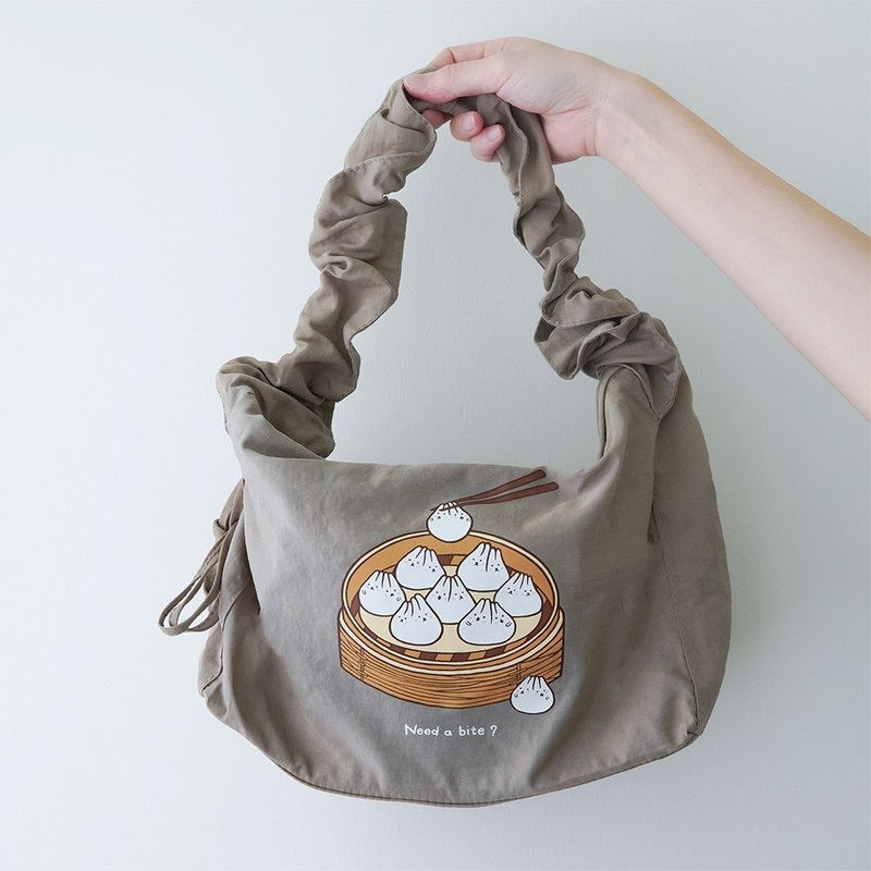 Lightweight nylon drawstring bag-mochi rabbit steamed buns (Khaki coffee) - Handbags & Totes - Nylon Khaki