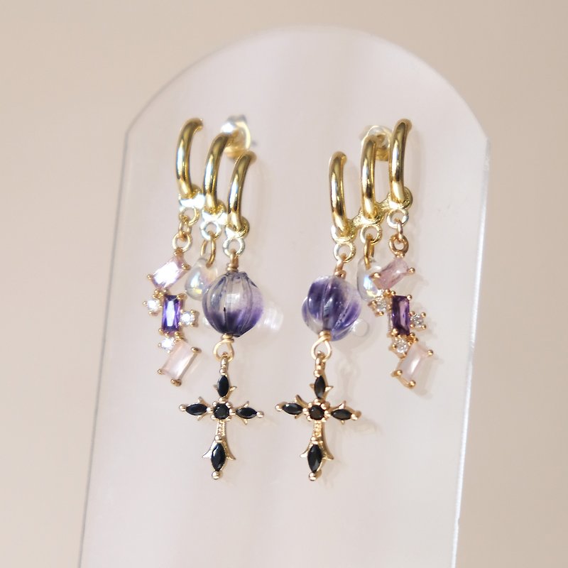 Purple Church Black Stone Cross Glass Beads Fake Three Hole Personalized Earrings ALYSSA & JAMES - ต่างหู - แก้ว สีม่วง