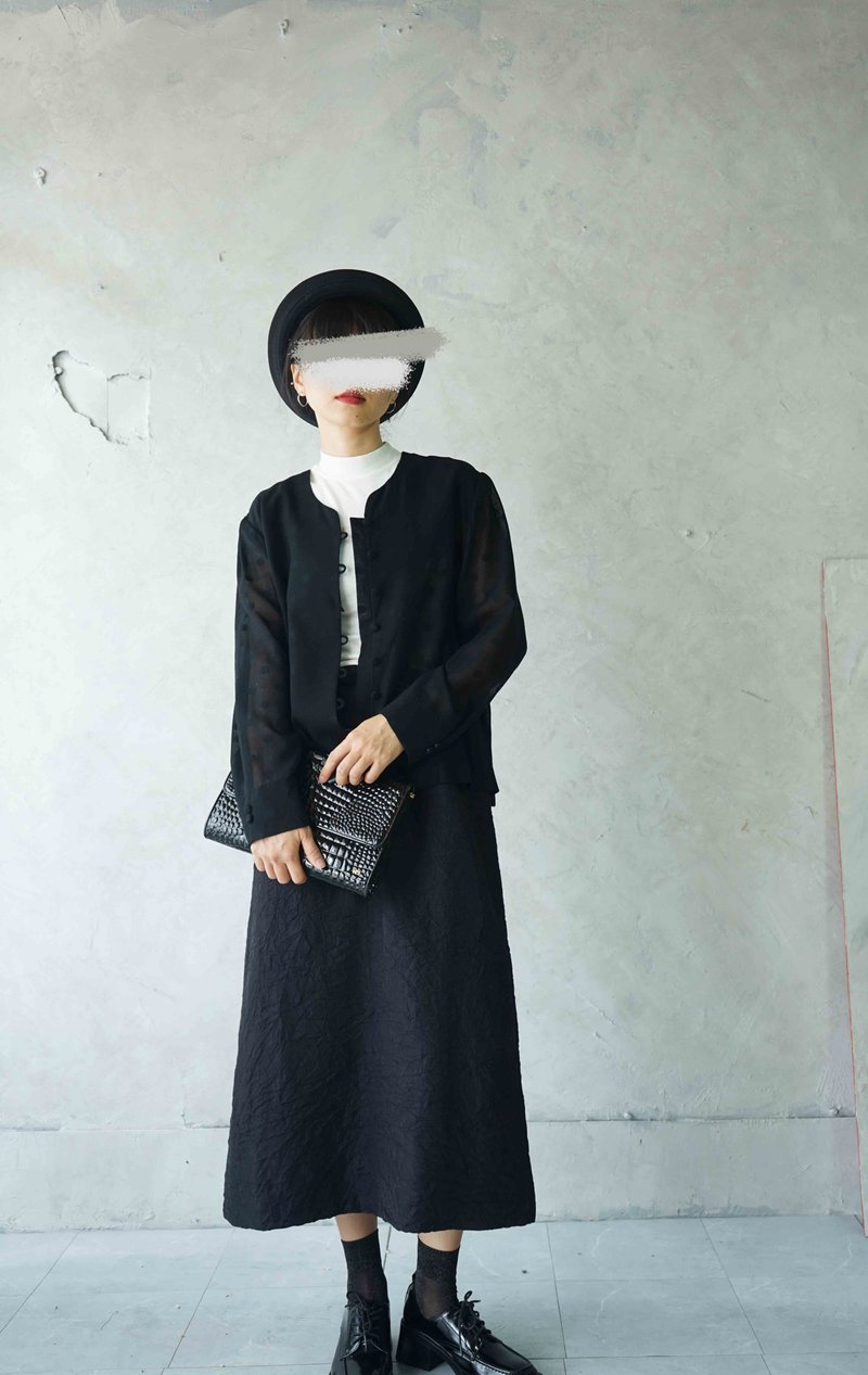 尋寶古著-透膚黑色圓點點無領外套罩衫 - 女大衣/外套 - 聚酯纖維 黑色