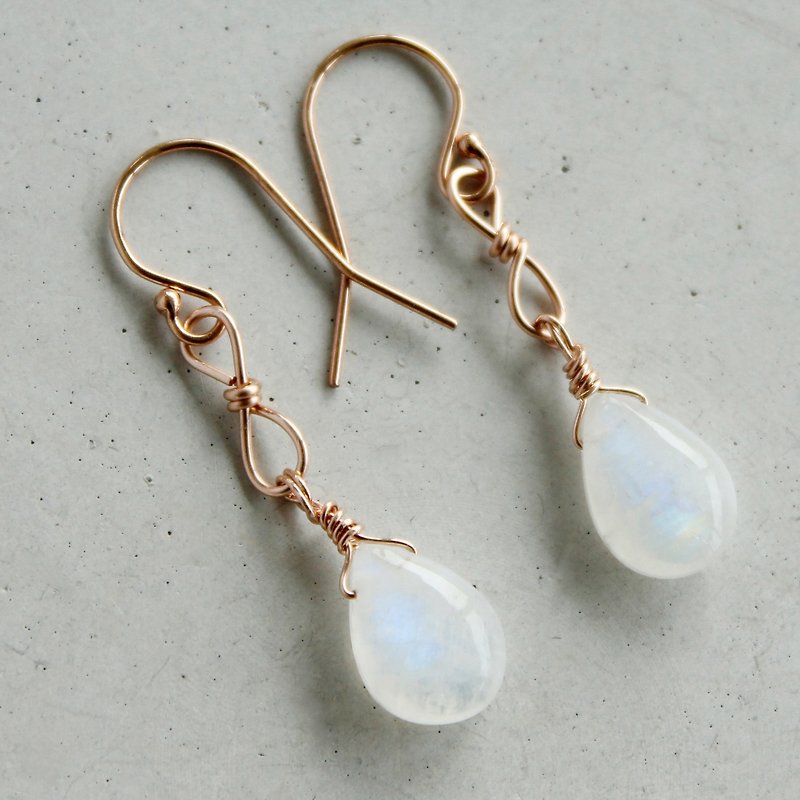 Handmade 14K gold Rose Gold blue halo moonstone earrings ear hooks 14KGF - Earrings & Clip-ons - Gemstone White