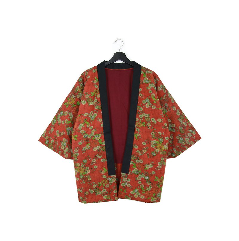Back to Green :: 袢 day Japan home cotton jacket shop inside the brick red flower illustrations // Unisex wear // vintage (BT-28) - เสื้อแจ็คเก็ต - ผ้าฝ้าย/ผ้าลินิน 