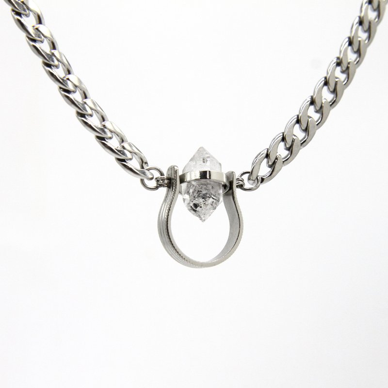 Double-pointed crystal U-shaped pendant wide chain necklace - Necklaces - Stainless Steel 