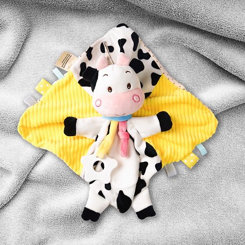 孩子陪你趣味童裝製造所 寶寶乖乖動物娃娃安撫巾 繽紛牛牛 緞帶標籤