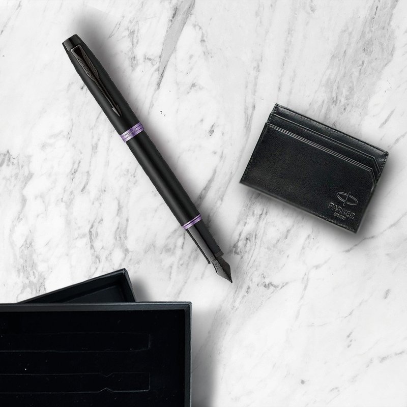 Parker 派克新IM 魅影黑(紫環)鋼筆 牛皮卡夾禮盒 免費刻字 - 鋼筆 - 其他金屬 黑色