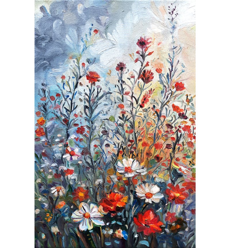 原創畫  Meadow Painting Floral Artwork  Original Art  Oil On Canvas - 壁貼/牆壁裝飾 - 其他材質 藍色