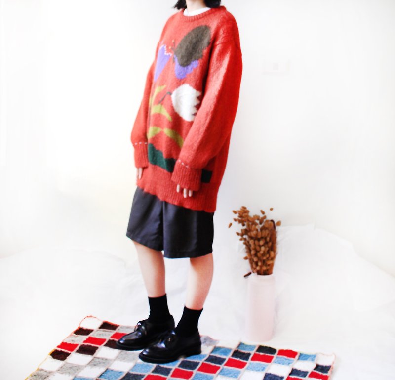 己合jiho紅色蝴蝶花毛衣 改造古著 - 女毛衣/針織衫 - 聚酯纖維 紅色