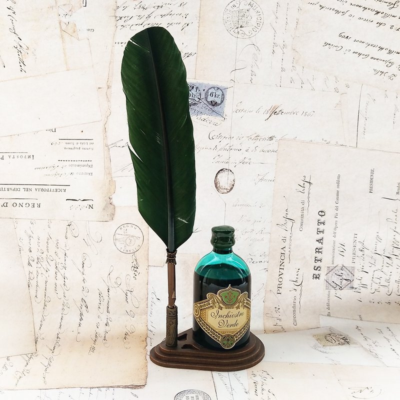 7656 Italian classical dark green feather dip pen set | Francesco Rubinato - Dip Pens - Other Metals Green