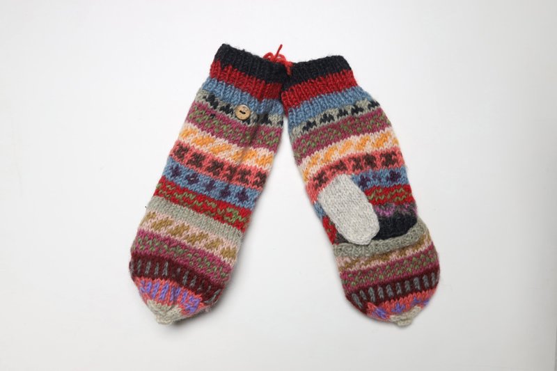 翻蓋手套費爾島民族圖騰配色純羊毛線手工編織搖粒絨內襯|北歐風 - 手套 - 羊毛 多色